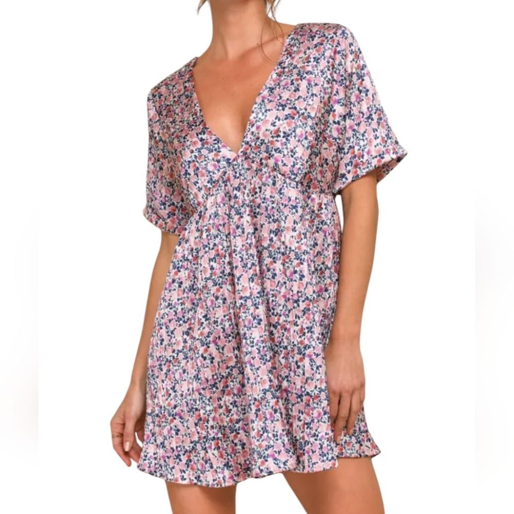 Lulus Express Yourself Blush Pink Floral Satin Babydoll‎ Mini Dress Milkmaid XS